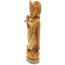 Handcrafted Wooden Krishna Statue – Flute Playing Lord Krishna Sculpture