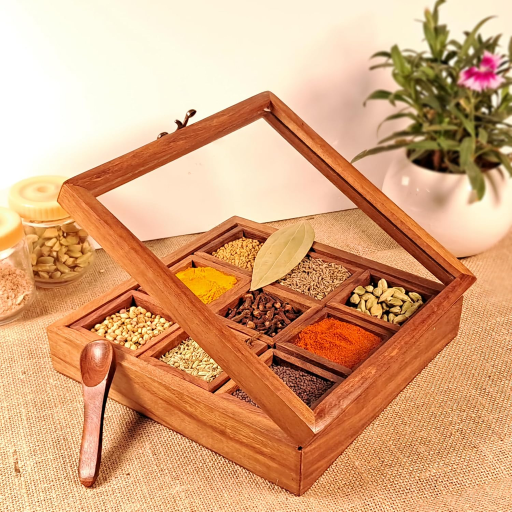 Wooden Spice Box – 9 Compartment Storage Organizer